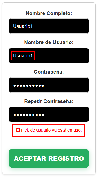 Registro de usuario que ya existe